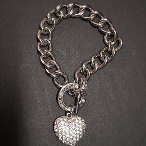 Guess Chunky Silver Tone with Rhinestones Charm Toggle Bracelet